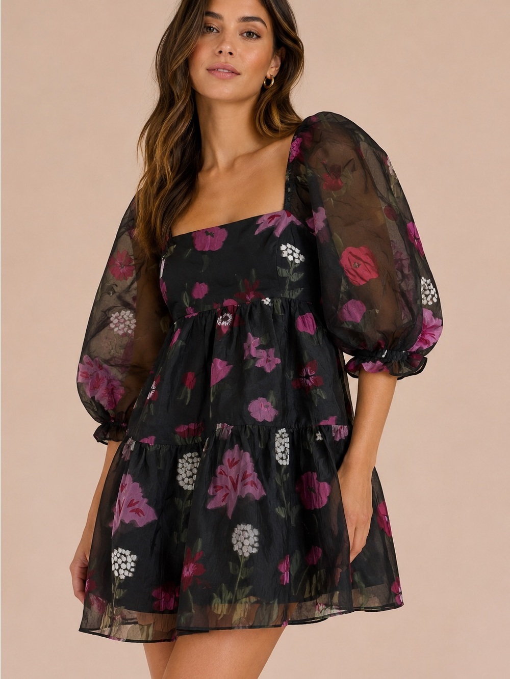 Amanda Uprichard Samira Dress Black Pink Floral Puff Sleeve Babydoll Size Small